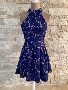 Lulus Seasons of Love Royal Blue Lace Halter Skater Dress